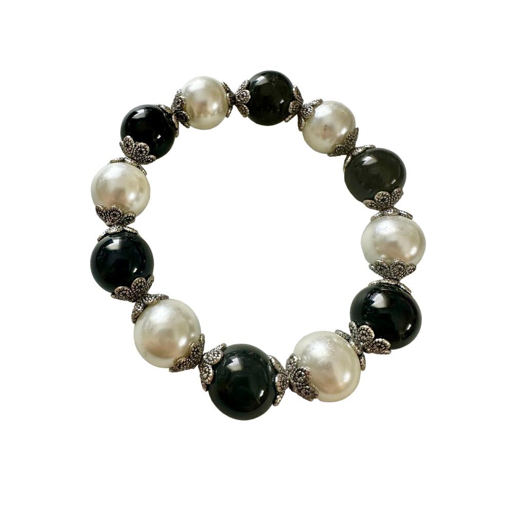 Black and Faux Pearl Beaded Stretch Bracelet
